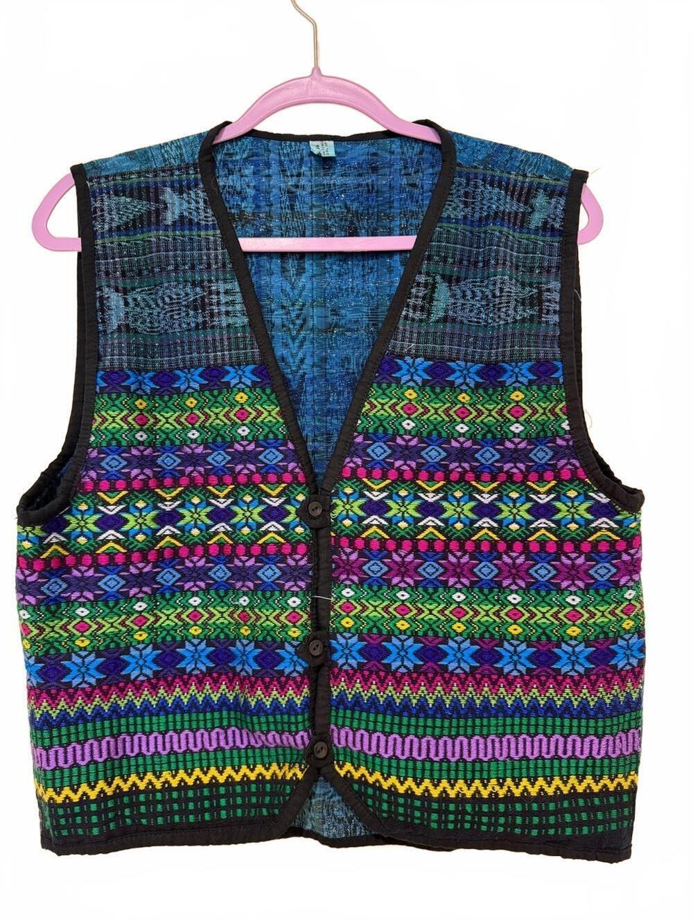 Vintage Guatemalan Handwoven Cotton Aztec Tribal Button Front Vest Boho Festival